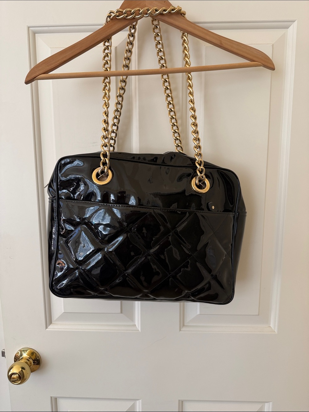 Vintage Rowena Paris Patent Quilted Black Shoulder Bag with Gold Chain Straps